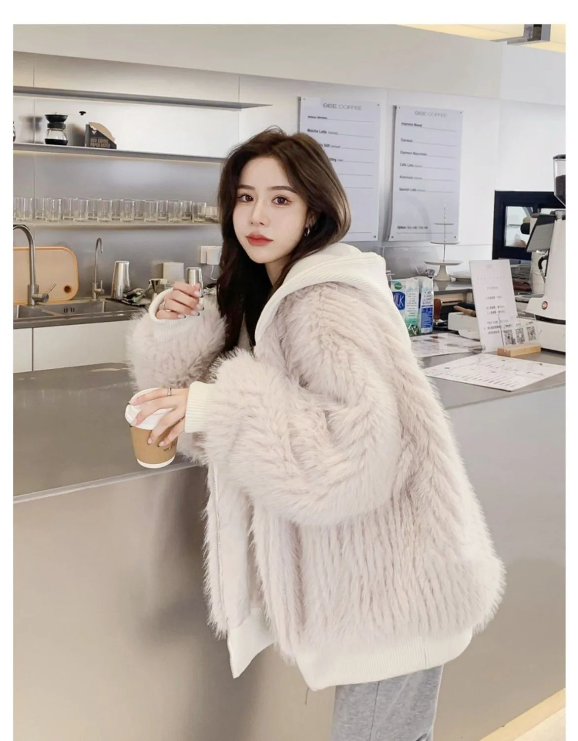 Women With Hood Long Sleeve Zipper Korean Fashion 2023 New Tops Autumn Winter Loose Casual Hairy Shaggy Soft Warm Faux Fur Coat