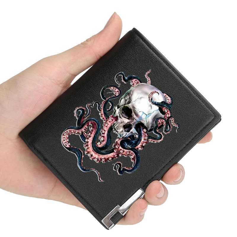 New Arrivals Stylish Steampunk octopus skeleton Printing Pu Leather Wallet Men Women Billfold Credit Card Holders Short Purses