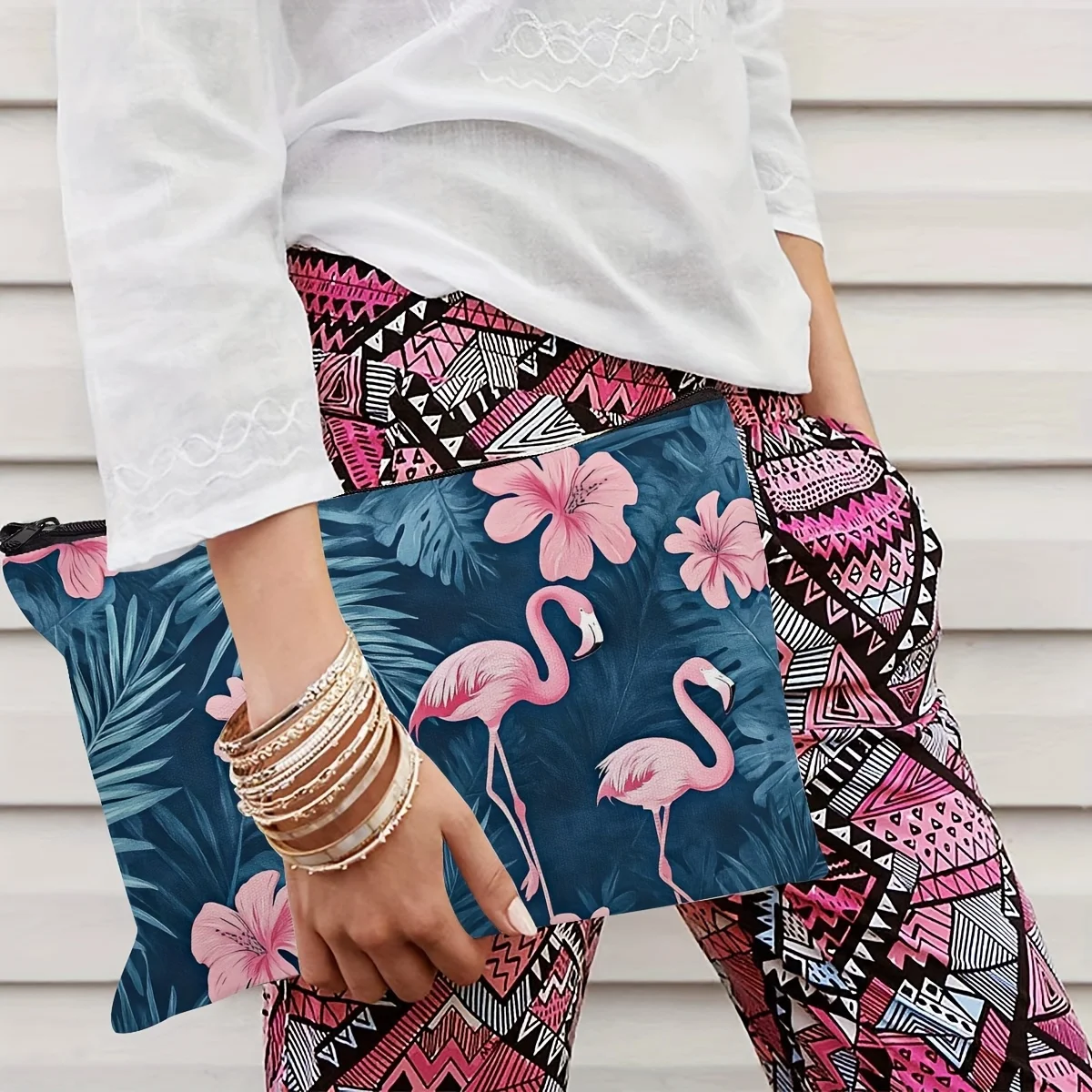 1pc Chic Pink Flamingo & Palm Leaf Makeup Bag - Lightweight Cosmetic Pouch with Zipper