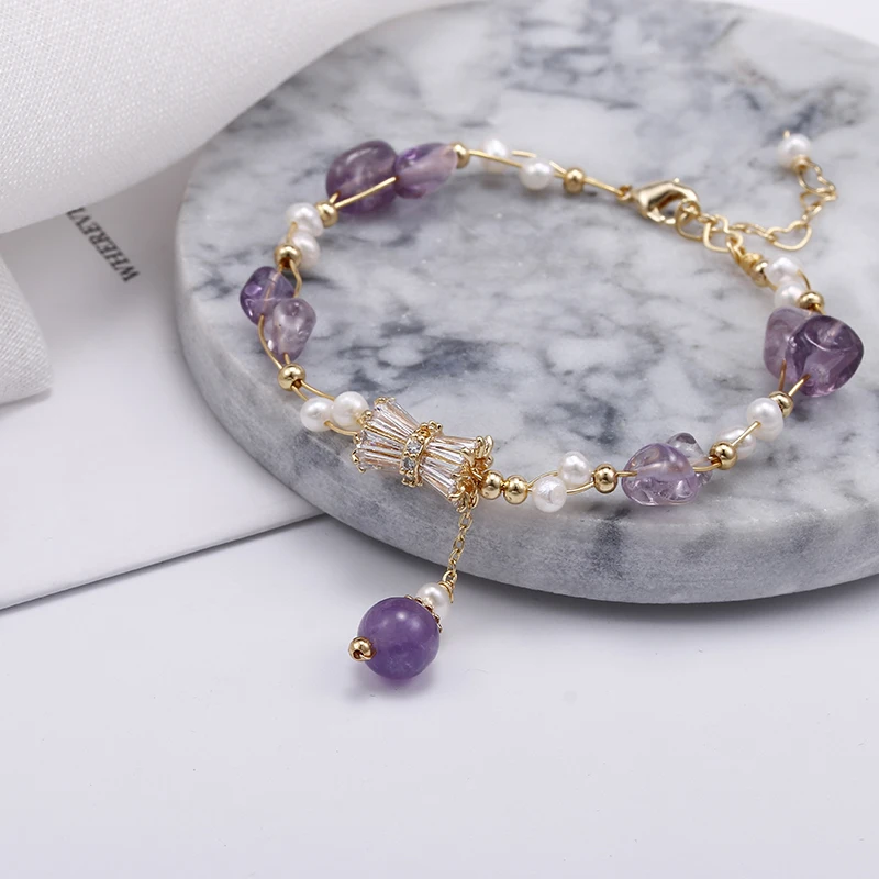 Elegant Shiny Purple Crystal Star Natural Freshwater Pearl 14K Gold Filled Lady Charm Bracelet Women Birthday Gifts No Fade