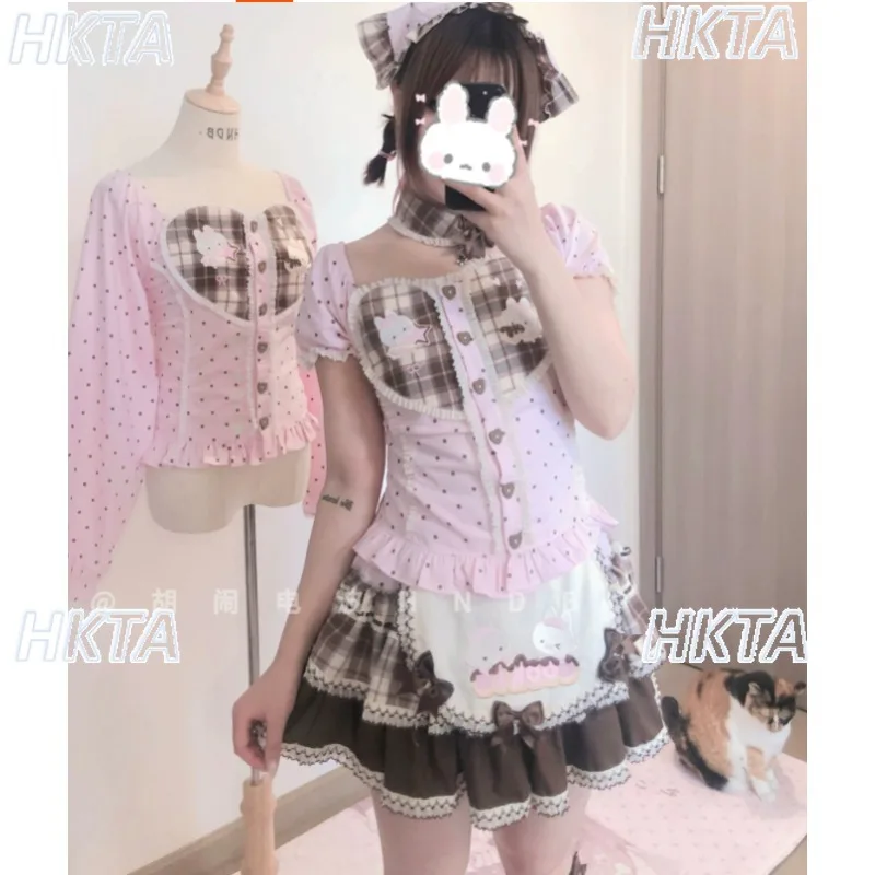 Original Japanese Cute Lolita Top Short Skirt Set Autumn New Polka Dot Cute Long-sleeved Shirt Pleated Plaid Skirt Women Outfits