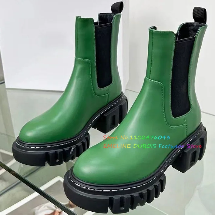 Thick Soled Raised Black Chelsea Boots Women's Genuine Leather Round Toe Slim And Elastic Knitted Slip On Short Boots Green