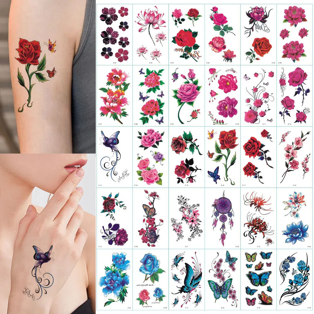 Pegatinas de tatuaje de flores de colores para mujer, tatuajes temporales de mariposas, flor de Rosa, decoración de mano y cuerpo, tatuajes falsos, 30 piezas