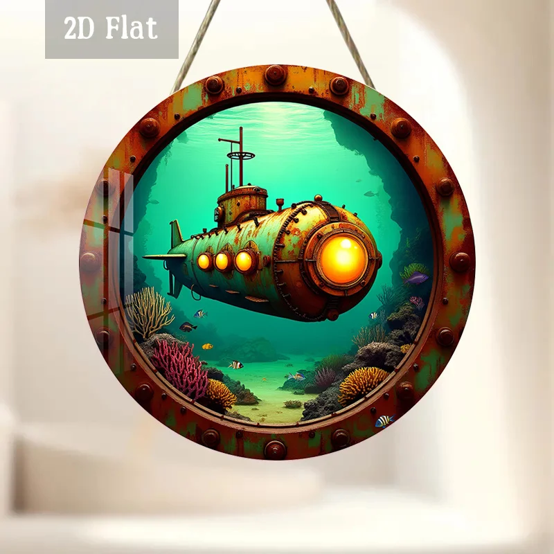 2D Flat - 1pc Vintage Submarine Wood Panel Artwork, Featuring an Underwater Journey Theme, Designed As a Round Wooden Decoration