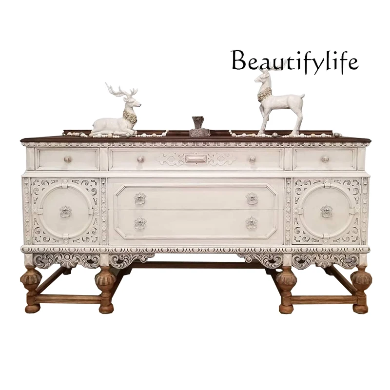 

French solid wood carving flower porch dining side cabinet light luxury European luxury foyer display cabinet living room