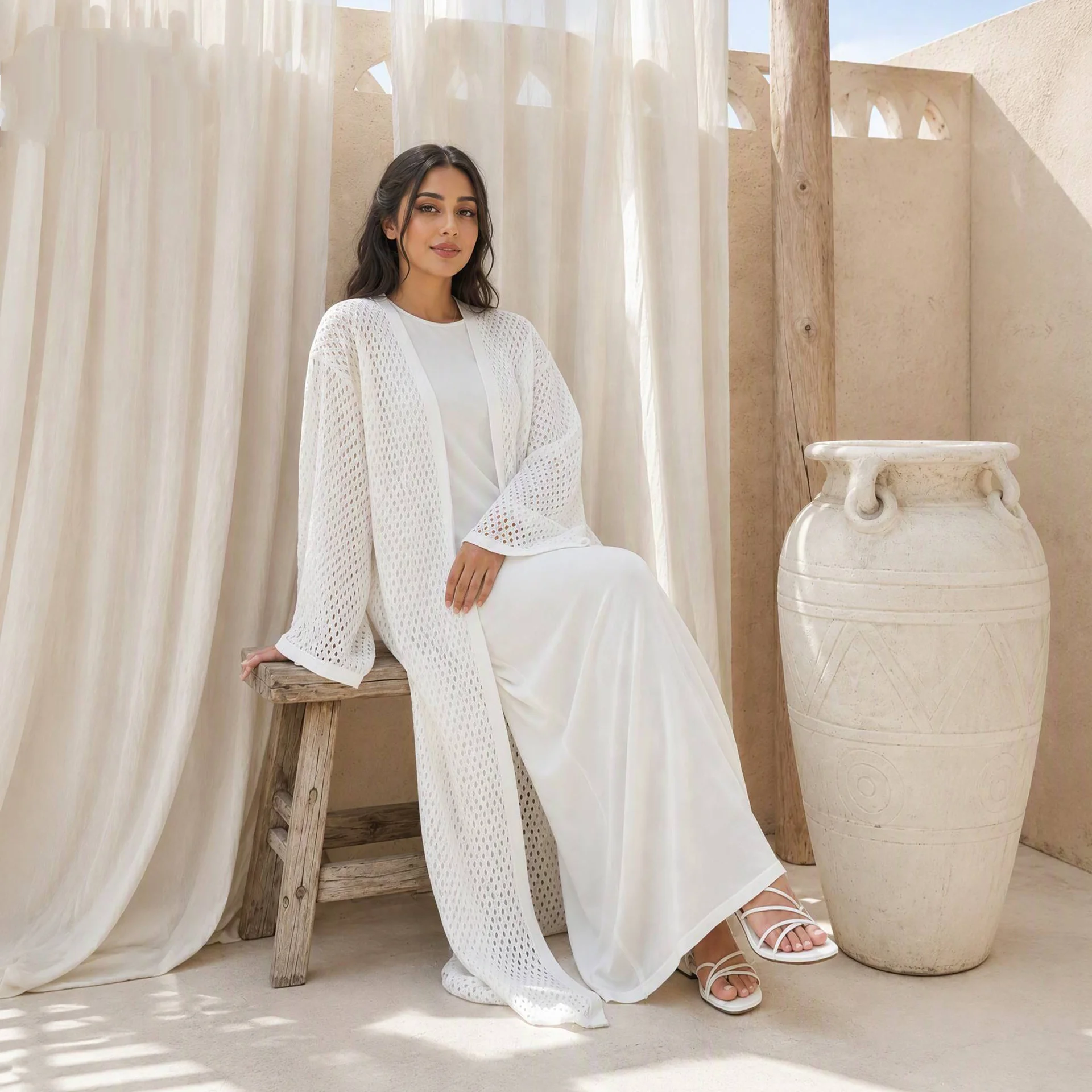 Muslim Women Maxi Dress Open Abaya Dubai Kaftan Hollow Out Kimono Cardigan Ramadan Kebaya Caftan Marocain Femme Robe Jalabiya