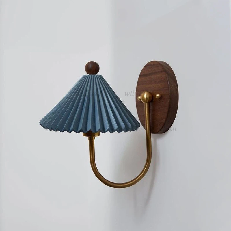 

Solid Wood Metal Wall Sconce Creative Pleated Ceramic Umbrella-Shaped Lamp Retro Aisle Hallway Porch Bedside Iron Lighting
