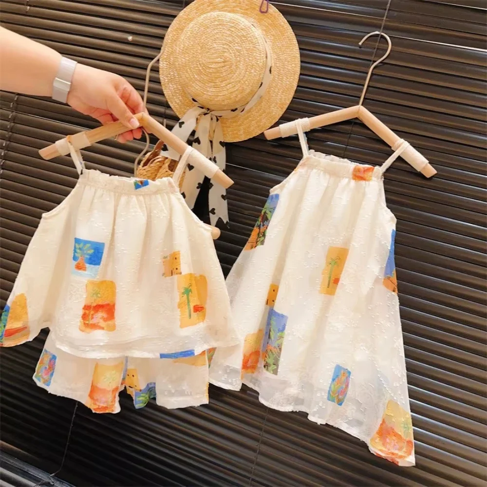 Korean Summer New Version Plain Girls Clothes Lovely Decoration Simple Children's Clothing Camisole Top+shorts Two-piece Set