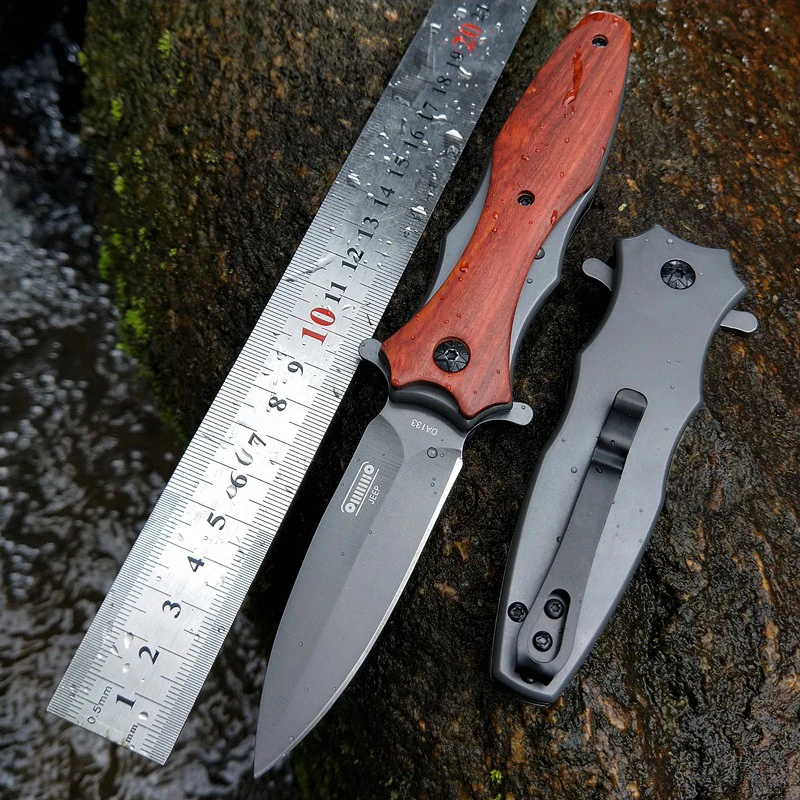 Wooden Handle Stainless Steel Outdoor Folding Knife Camping Self-Defense Survival Folding Knife Mini Portable Tactical Knife