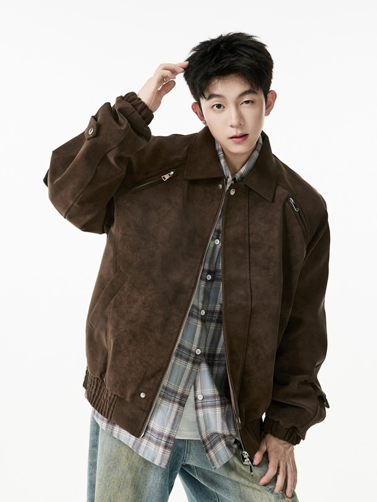 

American Dyed PU Leather Motorcycle Jaet Men's Trendy Brand Loose High-End Versatile Haome Turn-down Collar Leather Coat