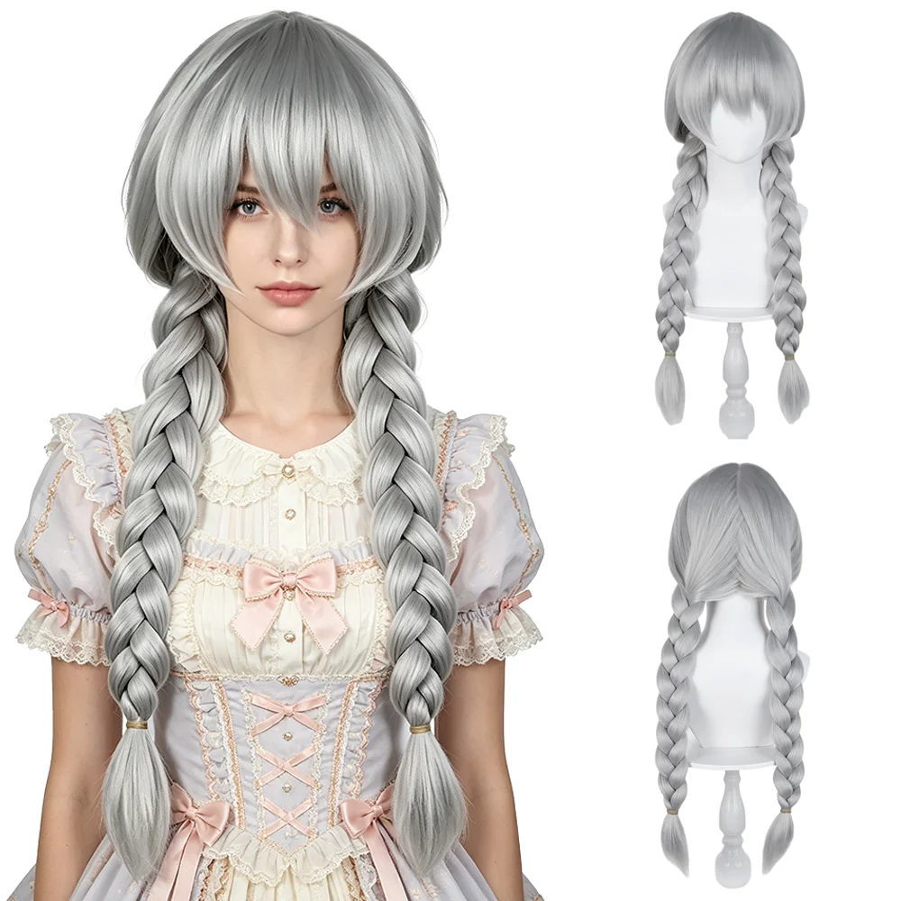 Silver Gray Double Braids Wig For Women Bangs Long Straight Hair Heat Resistant Synthetic Cosplay Anime Wig Halloween Party