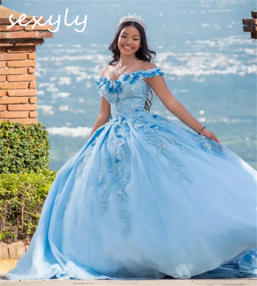 Cinderalle Light Blue Vestidos De 15 Quinceañera 2024 Sixteen Birthday Party Dress Elegant Off Shoulders Appliques Lace Florals