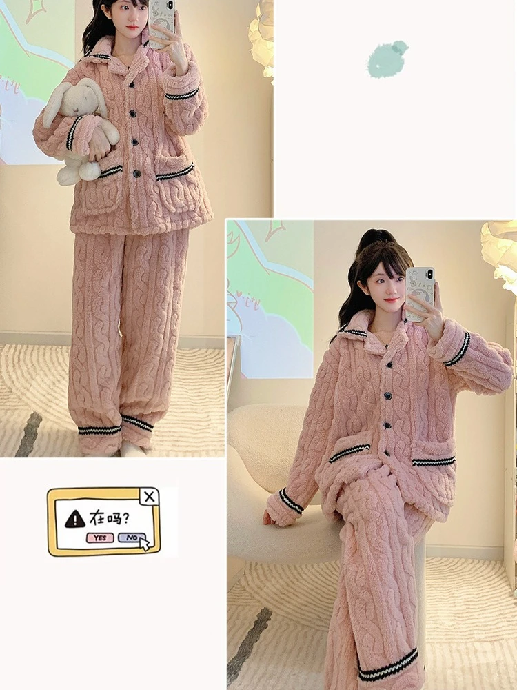 M-6XL Large Size Winter Pajamas Set Women's Soft Plush Coral Fleece Sleepwear Korean Student Sweet Flannel Warm Loungewear Pjs view 3