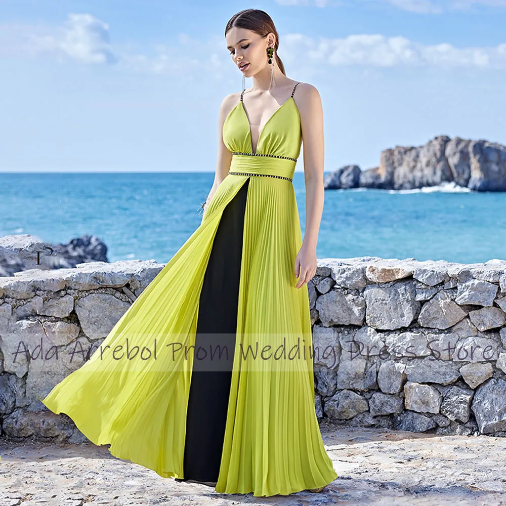 Vestidos de Noche de Color menta para mujer, traje plisado de gasa con contraste de Color, largo con cuentas y tirantes finos, para fiesta de graduación, 2023