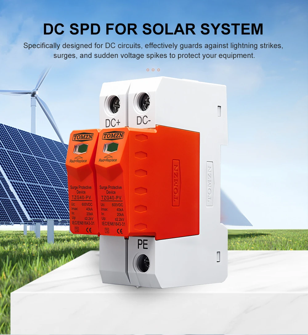 TOMZN SPD DC 500V 600V 800V 1000V 10kA 20kA 30kA Haus Überspannungsschutz Schutz Niederspannungs-Ableitergerät T2 PV Solarsystem – Detail 4