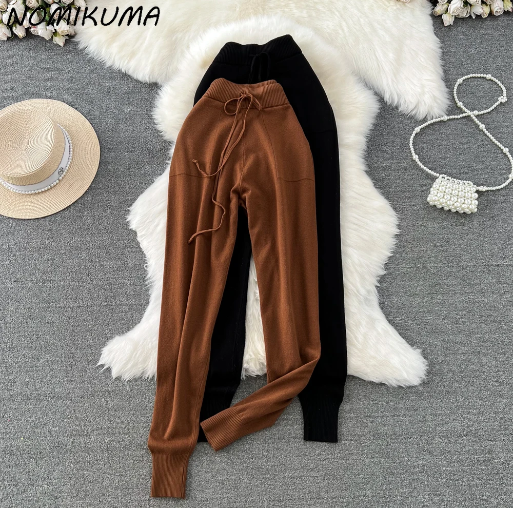 Nomikuma Lace Up High Waist Sweater Women Pants Causal 2023 Autumn Winter Long Trousers Korean Solid Knitted Pant De Mujer