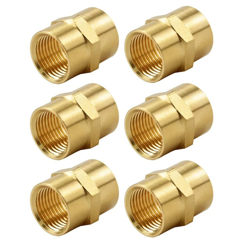 

(6 Pack) Besosay Brass Coupler Reducer Adapter, 1/4Inch NPT Female X 1/4Inch NPT Female Hex Nipple, Pipe Fitting