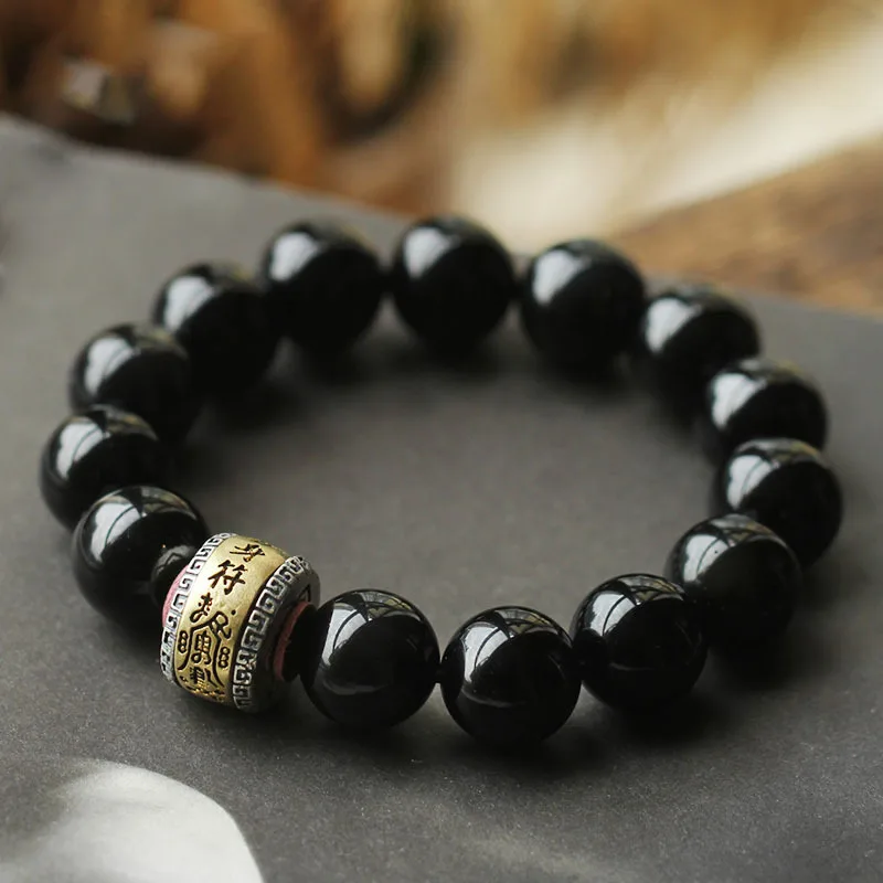 Natural Obsidian Vintage 925 Silver SymbolBirth Year Buddha Beads Bracelet