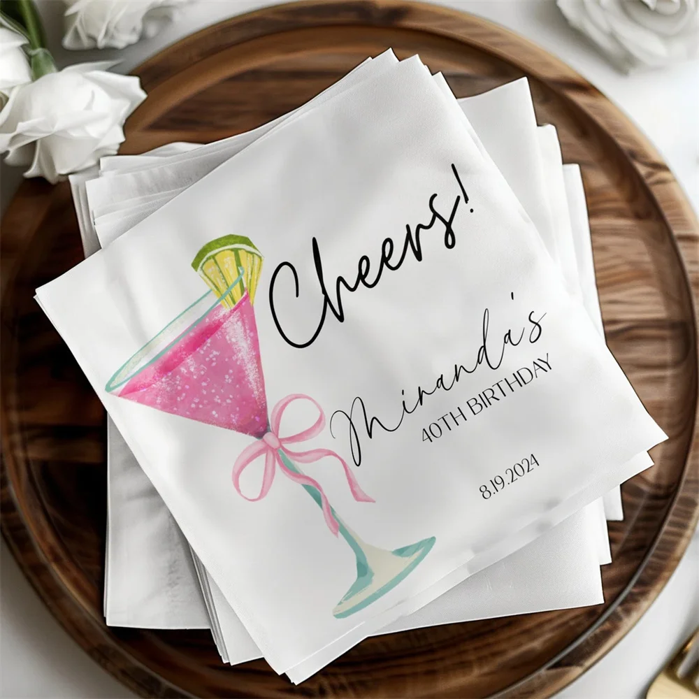 50PCS Martini Coquette Beverage Napkin, Cocktail Napkin for Celebrations, Custom Birthday Party Napkin Personalized, Cheers Anni