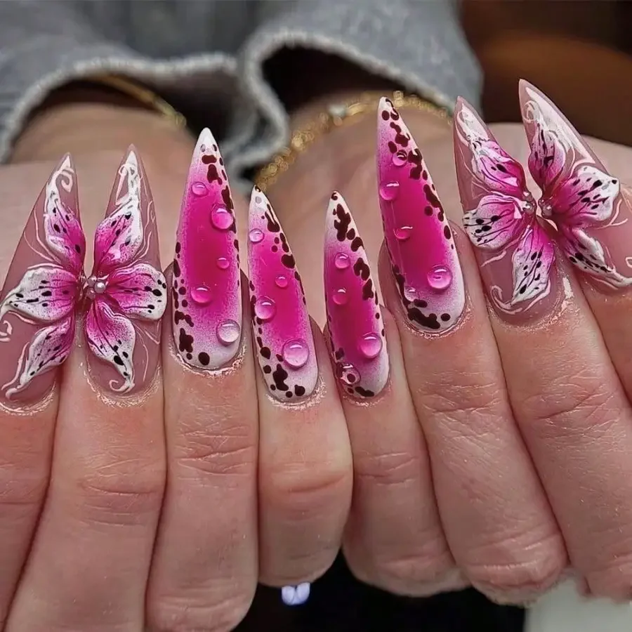 

24Pcs Long Almond 3D Peach Blossom Press On Nails,Reusable,Jelly Glue & Nail File Included, For Daily Party Date Valentine's Day