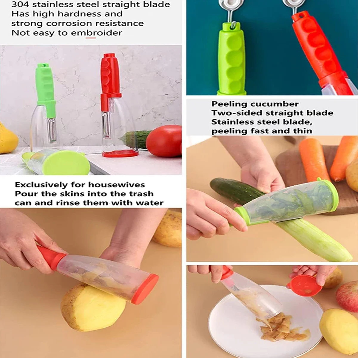 Multifunctional Stainless Steel Peel Knives Storage Tube Anti-Splash Fruit Vegetable Skimmer Supplies Household Kitchen Tools