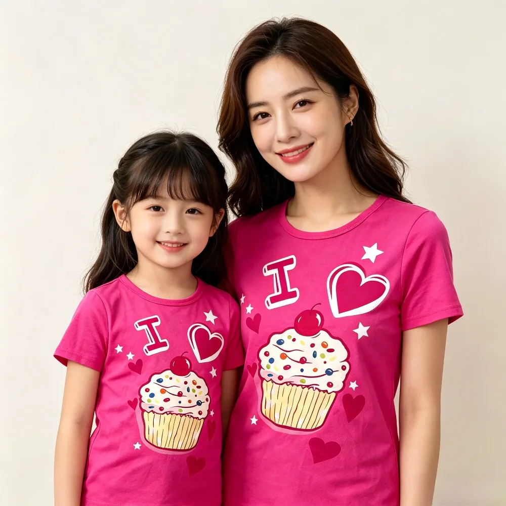 I Love Cupcake Heart Star Cartoon Print Mom Daughter Matching T Shirt Cute Family Summer Short Sleeve Tee