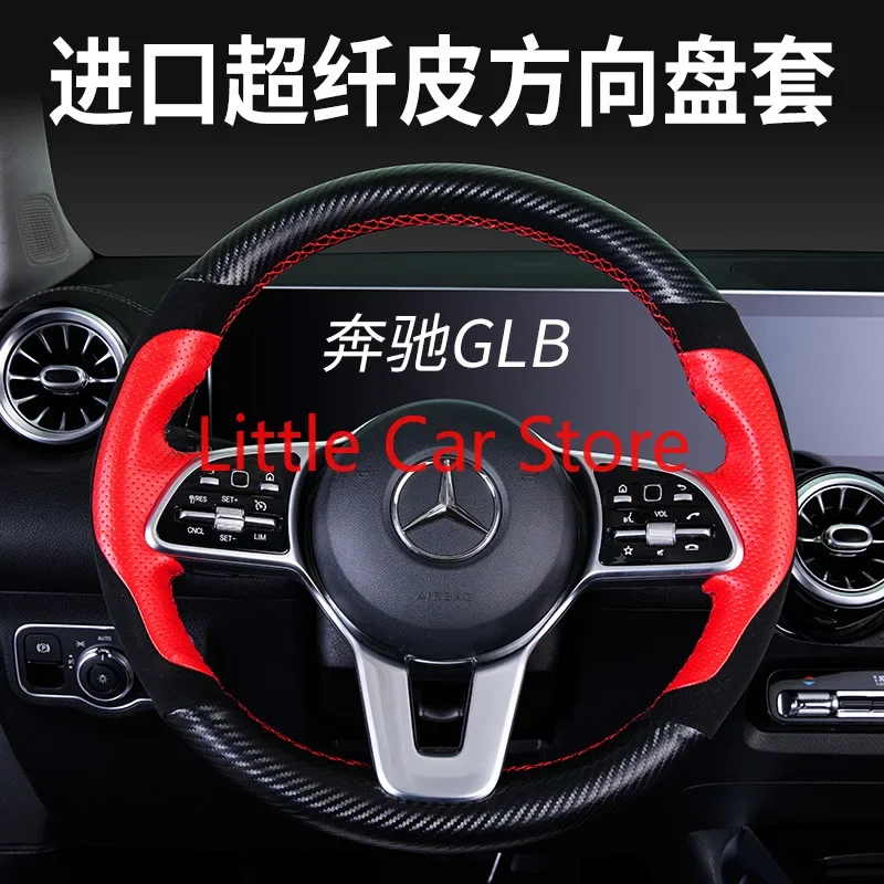 For Benz GLB GLB200 GLA GLA180 2020-21 DIY Sew By Hand Top Red Black Suede Leather Steering Wheel Cover Car Interior Accessories