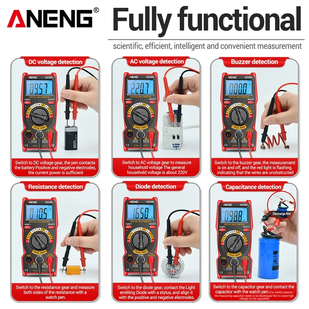 Imagem -04 - Aneng Sz309 Profissional Multímetro Digital de Alta Precisão ac dc Voltage Meter Fácil de Cary 1999 Contagem Tamanho Pequeno