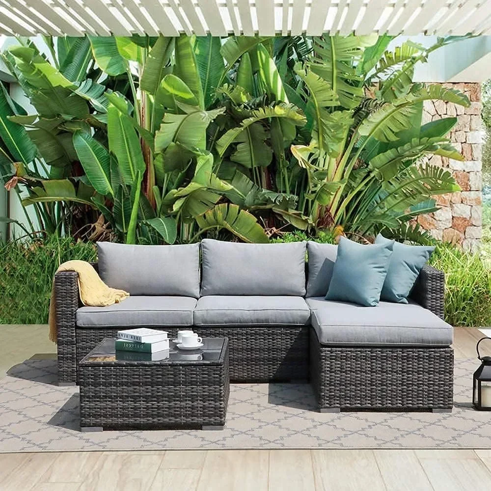 

Garden Sofas, Sectional Conversation All-Weather Grey PE Wicker w/Light Cushions, Backyard Porch Garden Poolside Balcony Set