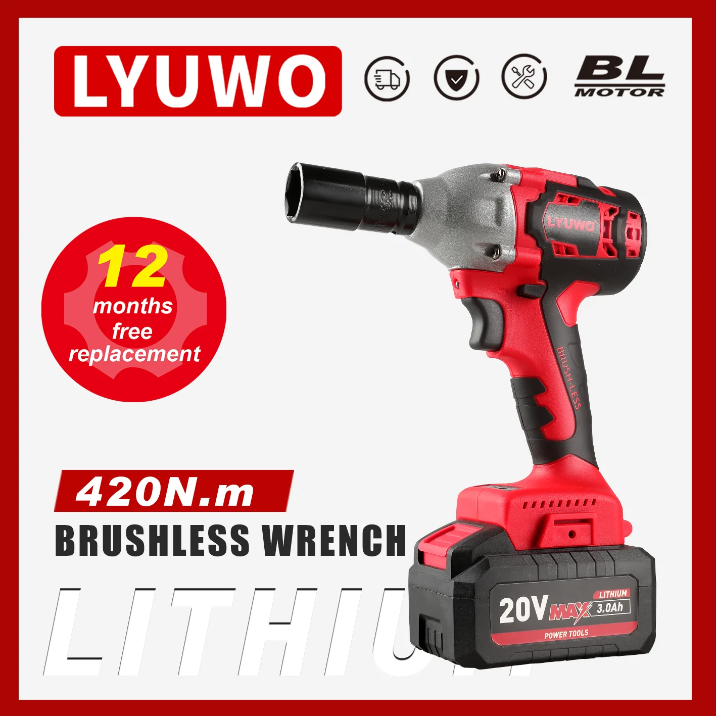 LYUWO 21V 420N. m Industrial Grade Impact Wrench For Automotive Repair, Woodworking, Lithium Battery, Brushless Electric Wrench