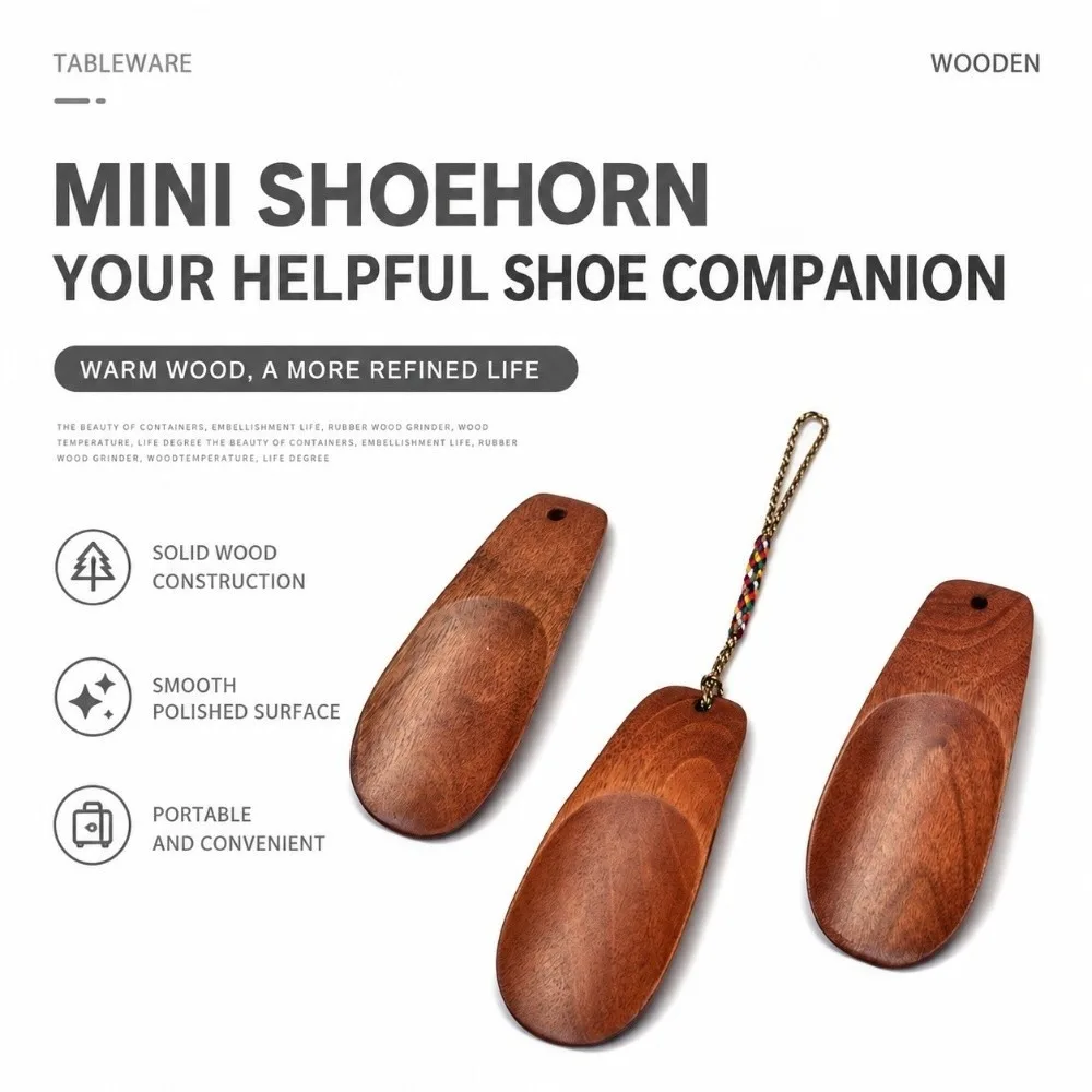 Portable Mini Wood Shoe Horn Solid Wood Braided Lanyard Shoe Lifter Polished Surface Curved Shape Shoe Spoon Outdoor Trip