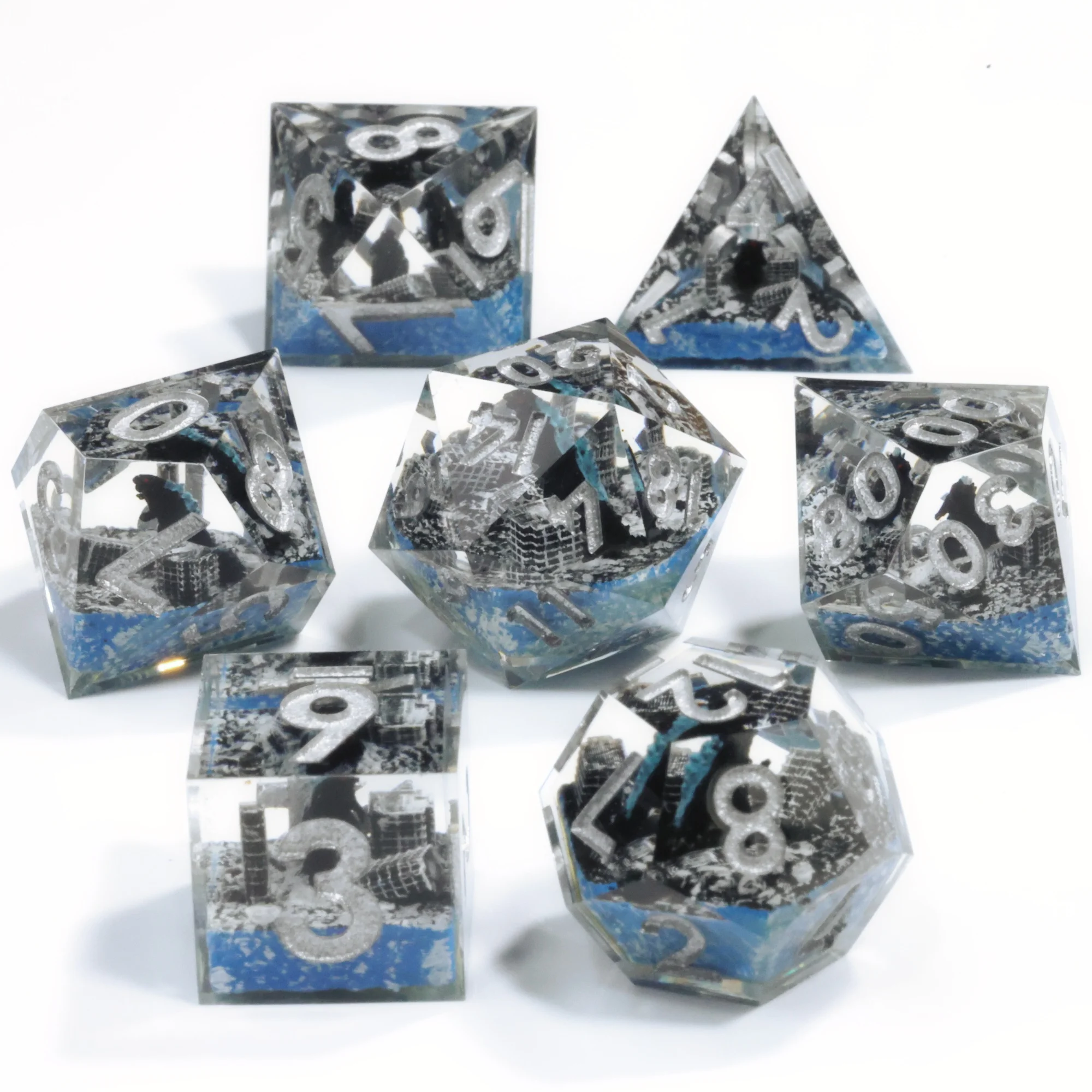 MINI PLANET 3D Printed Urban Destruction DND Dice Set Handmade Resin Dice for TRPG Dungeons&Dragons Game Polyhedral Dice D6 D20