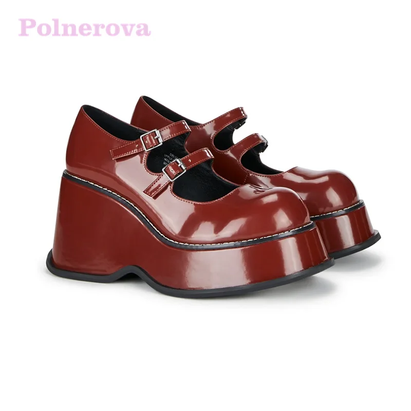 

Wine Red Wedge Mary Jane Shoes for Women Big Toe Loafer Leather Shoes Super Increase Thick Soles Shoes Ladies Cute Style Shoes