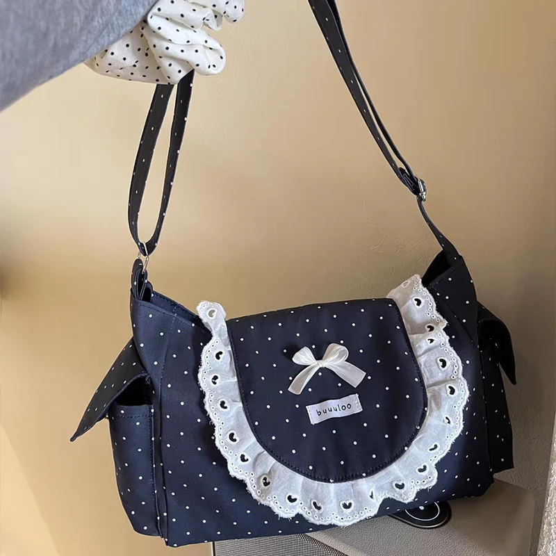 

Japanese Polka Dot Lace Shoulder Bag Cute Bow Decor Canvas Crossbody Bag Vintage Fashion Sweet Style Armpit Bag