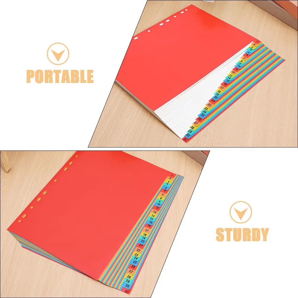 2Sets Plastic A4 Index Dividers 31 Tabs Numbered 11 Ring Binder Organizers Colorful Page Separators for Office School Document