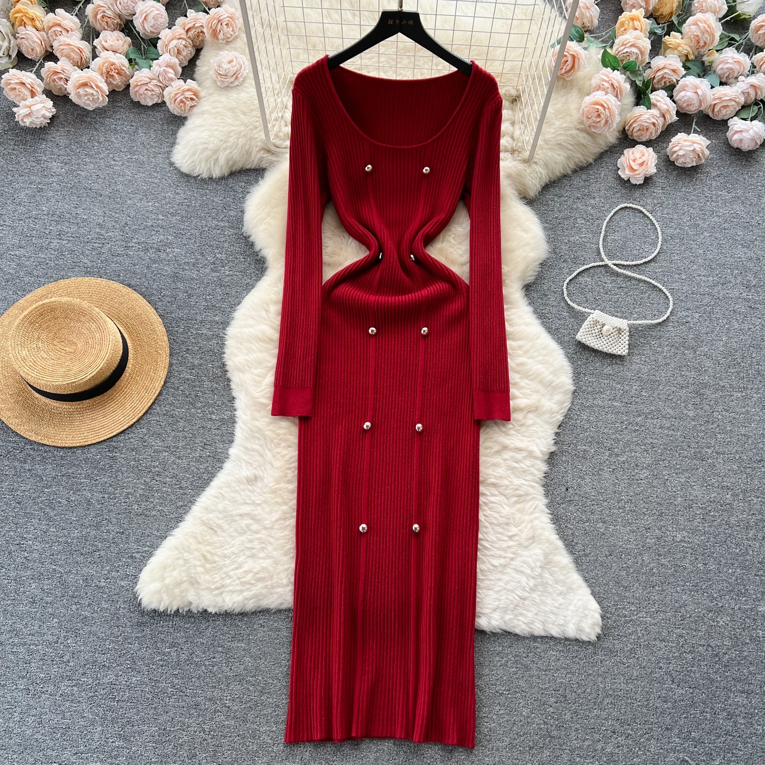 Women Soft Elegant Solid O Neck Long Sleeve Double Breasted Bodycon Dress Sexy Fashion Knit Elastic Slim Hip Wrap Sweater Dress