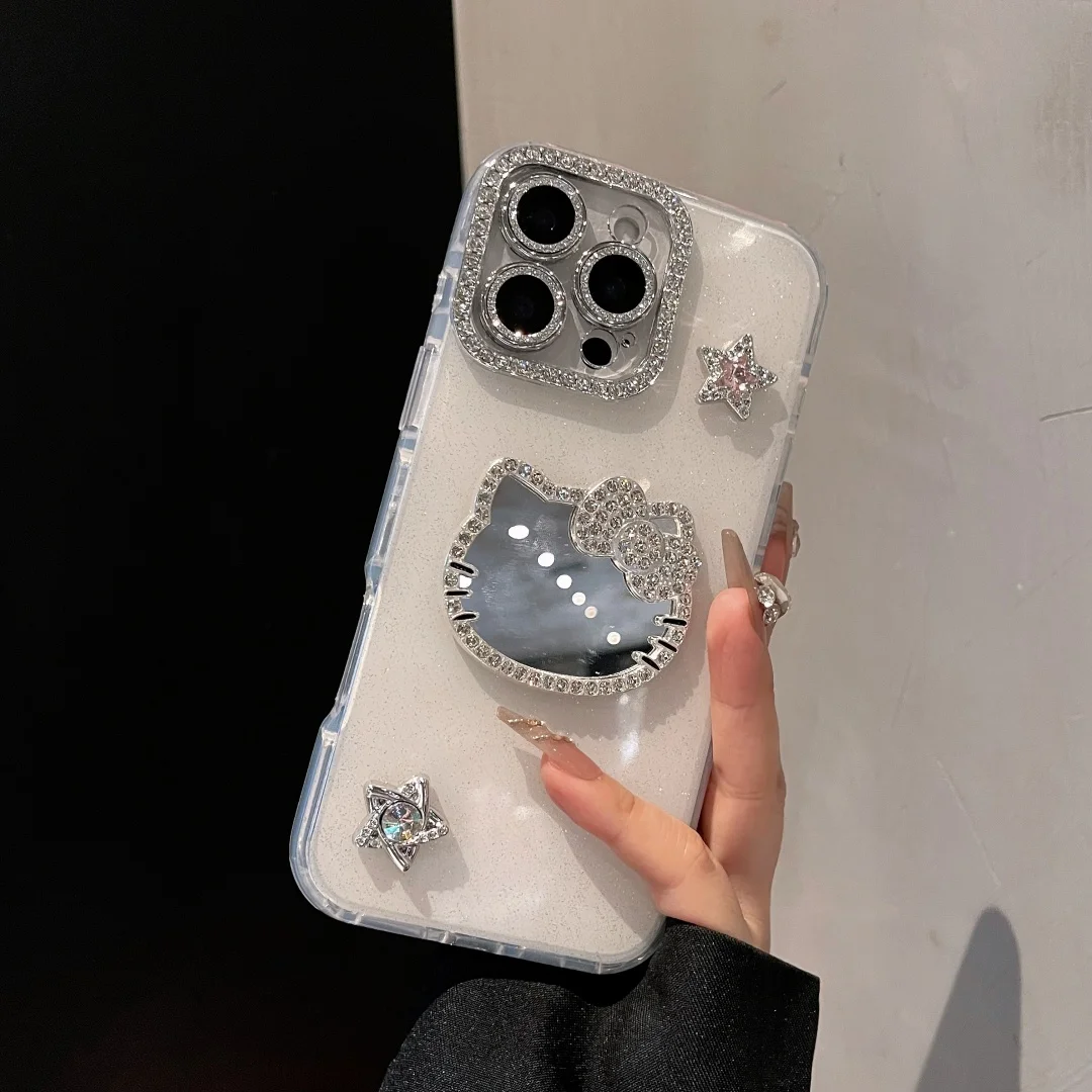

New Fashion Glitter Diamond Cat mirror Case For iPhone 16 15 14 13 17 12 Pro Max 16 Plus Luxury Camera lens Protection Cover﻿