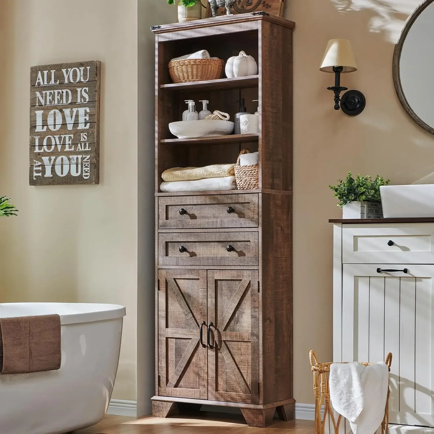 

Farmhouse Bathroom Cabinet, Bathroom Storage Cabinet with 2 Drawers, Adjustable Shelves & Barn Door, Cabinet for Bathroom