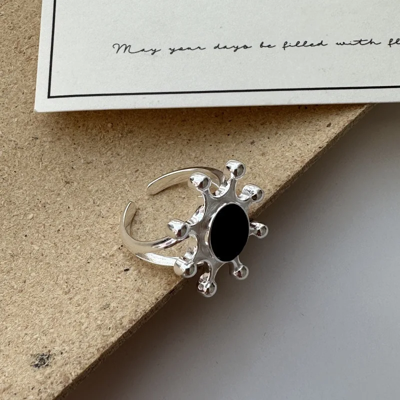 

Новое кольцо из чистого серебра S925, корейское издание, оригинальный дизайн, кольцо от солнца с черным агатом, женский модный подарок