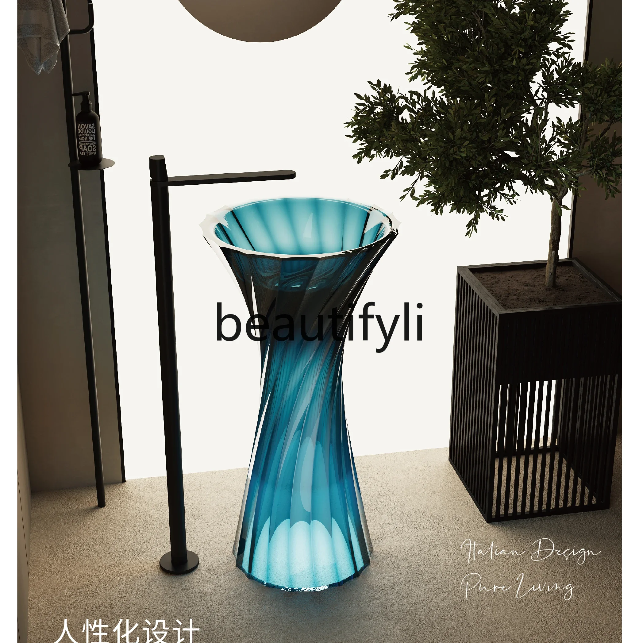 

D80 Natural resin floor-to-ceiling column basin Household hotel strip small waist colored crystal wash basin