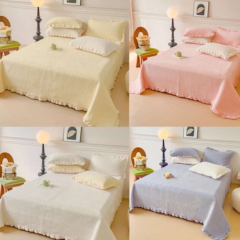 Thickened  Milk Fleece Soft Bed  Home Knitted Blanket  Summer Ruffles Warm Plaid Throw Bedspread  침대헤드