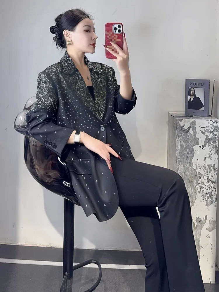 Giacca da abito da donna da ufficio primaverile Moda vestibilità ampia con diamanti Design Blazer neri Top manica lunga Nuove donne Capispalla elegante