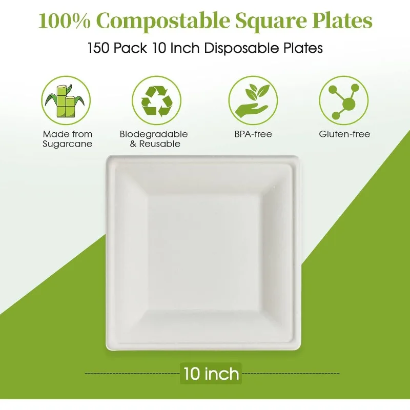 150 Pieces Compostable Square Paper Plates, 10 inch Heavy Duty Disposable Plates, Eco-friendly Biodegradable Sugarcane Bagasse