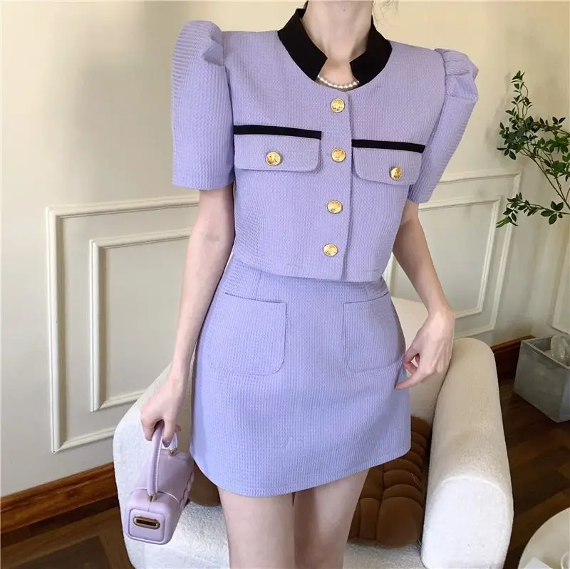 

2pcs Set Women Outfits Casual Single Breasted Short Sleeve Stand Collar Crop Coats+A-Line Elastic High Wasit Skirt Xiaoxiangfeng