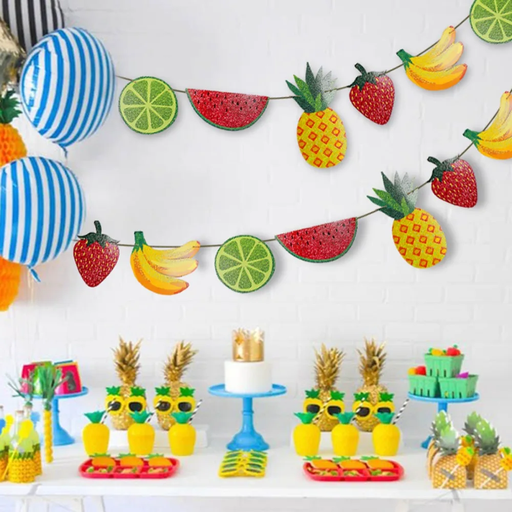 Decoraciones de Papel con Diseño de Frutas Brillantes para Fiestas, Adornos Colgantes de Plátano, Fresa, Limón y Piña, Suministros para Fiestas de Cumpleaños de Verano