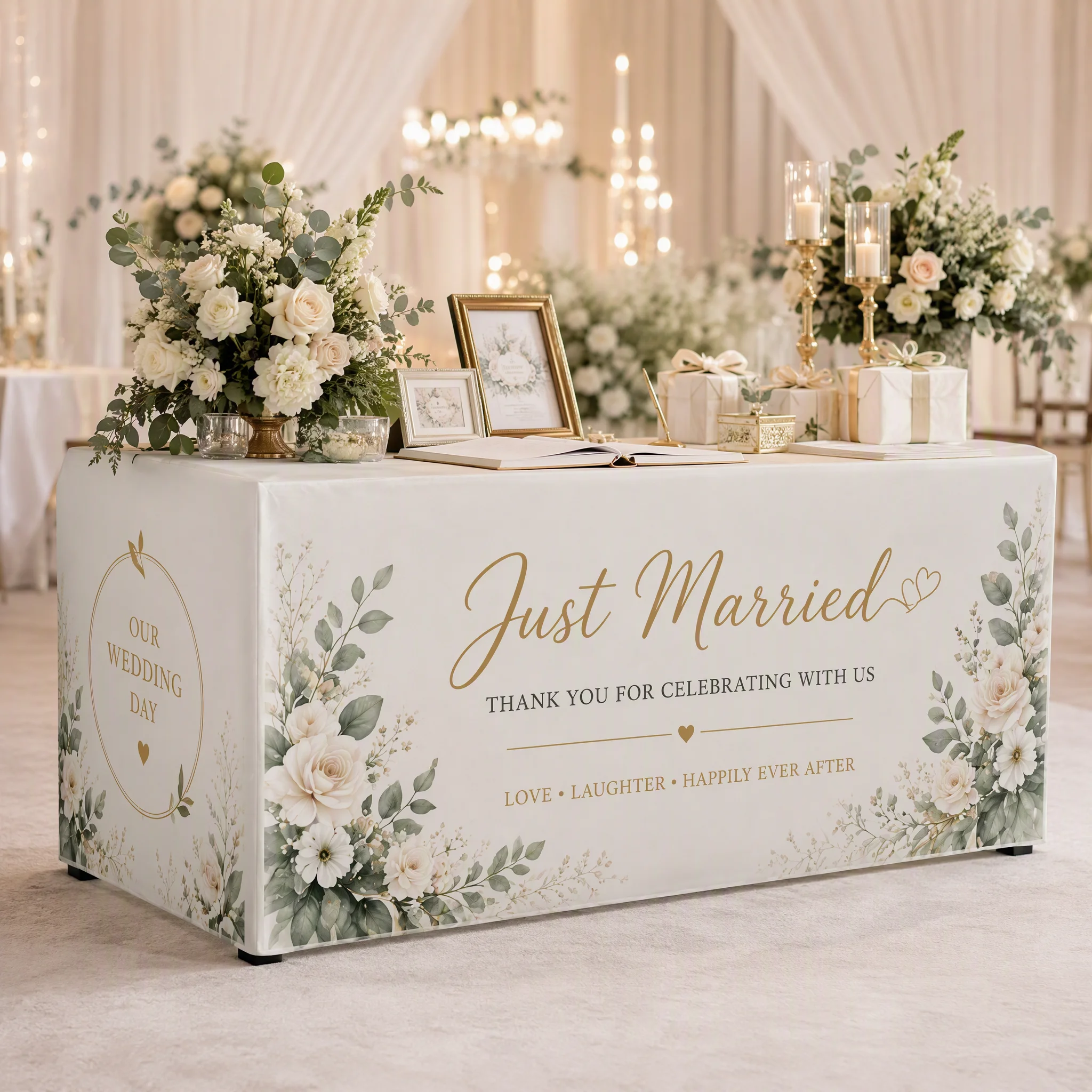 Custom Wedding Table Cover Personalized Floral Tablecloth Fitted Table Box Cover Elegant Just Married Party Decoration Gift