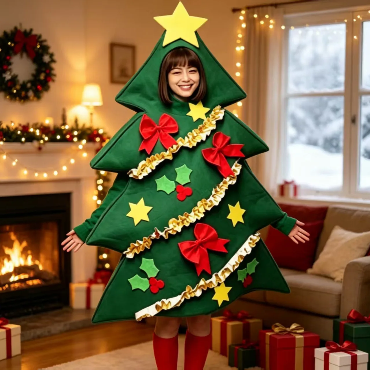Festive Christmas Tree Costume Bow Decor 3D Design Cosplay Outfit Suitable for Xmas Carnival Photo Shooting Party Wear