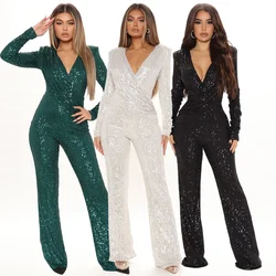 Women Jumpsuits V Neck Rompers Overalls One Piece Formal High Waist Pullover Sexy Sequins Solid Full Length Spring 2024