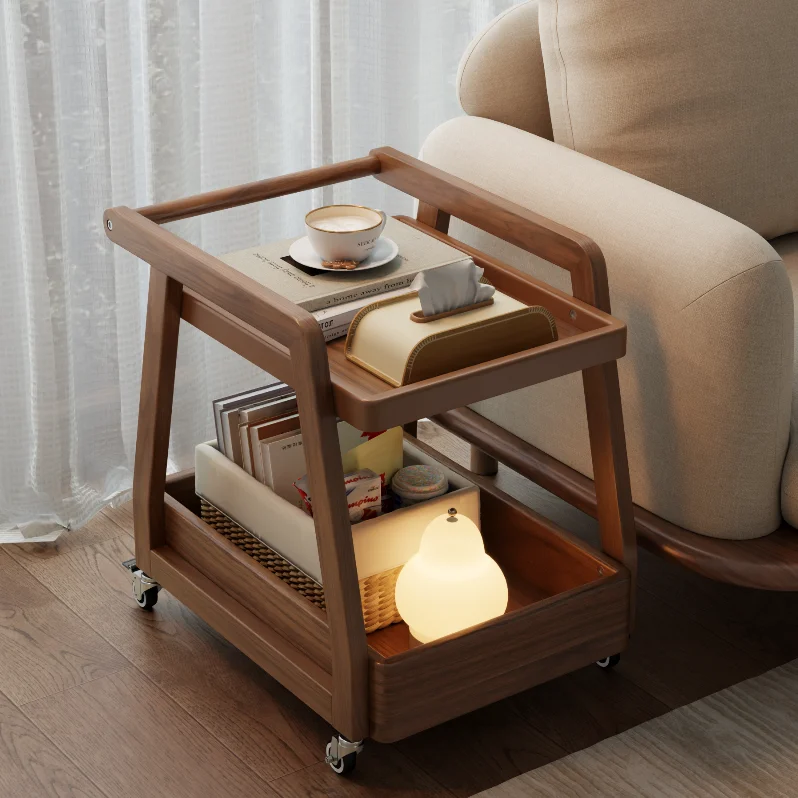Solid wood stylish sofa side table, mobile coffee table with wheels, sofa side table, bedside table, nightstand, living room