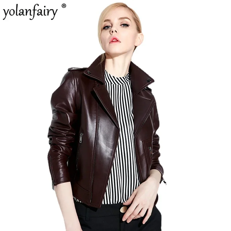 2023 Genuine Leather Jacket Women 100% Sheepskin Coat Short Biker Motorcycle Jacket Korean Slim Fit Red Leather Coat NINA1707M